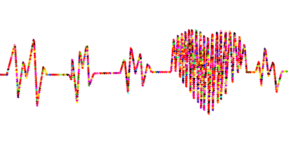 Colorful heart shape made of vertical bars with an ECG line running through it, symbolizing heartbeat and digital blood pressure monitoring accuracy