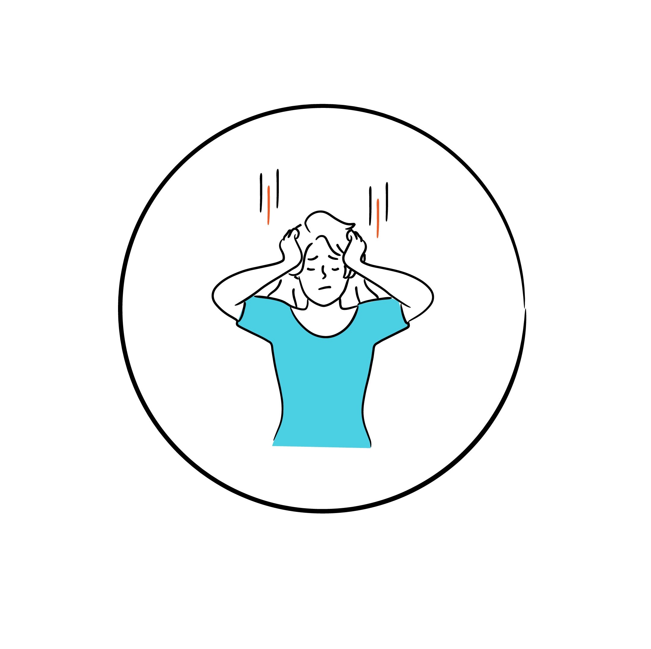 illustration of stressed woman holding head with pain lines in circular icon on white background