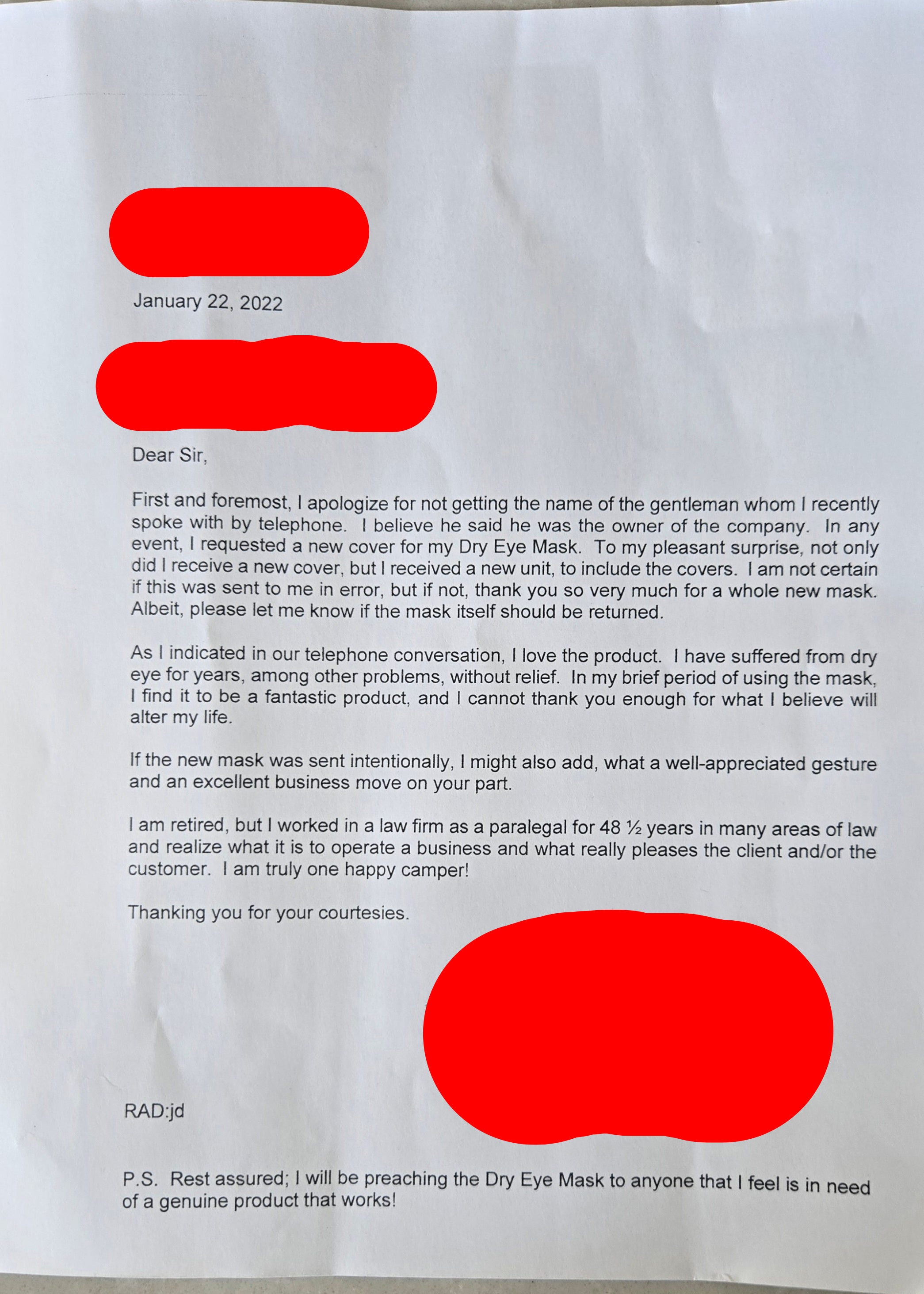 redacted customer testimonial letter praising Wizard Research heated eye mask