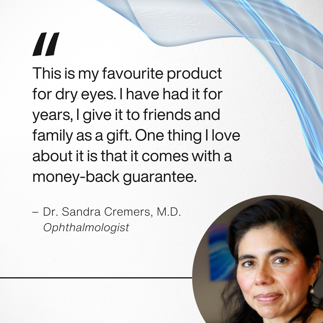 Testimonial from Dr. Sandra Cremers recommending Wizard Research Dry Eye Mask with money-back guarantee