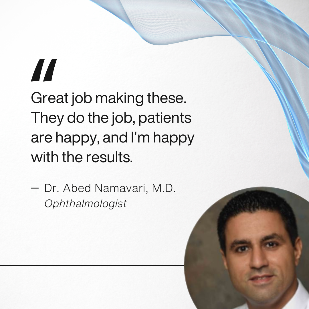 Doctor testimonial from Dr. Abed Namavari ophthalmologist praising Wizard Research heated eye mask with positive patient results
