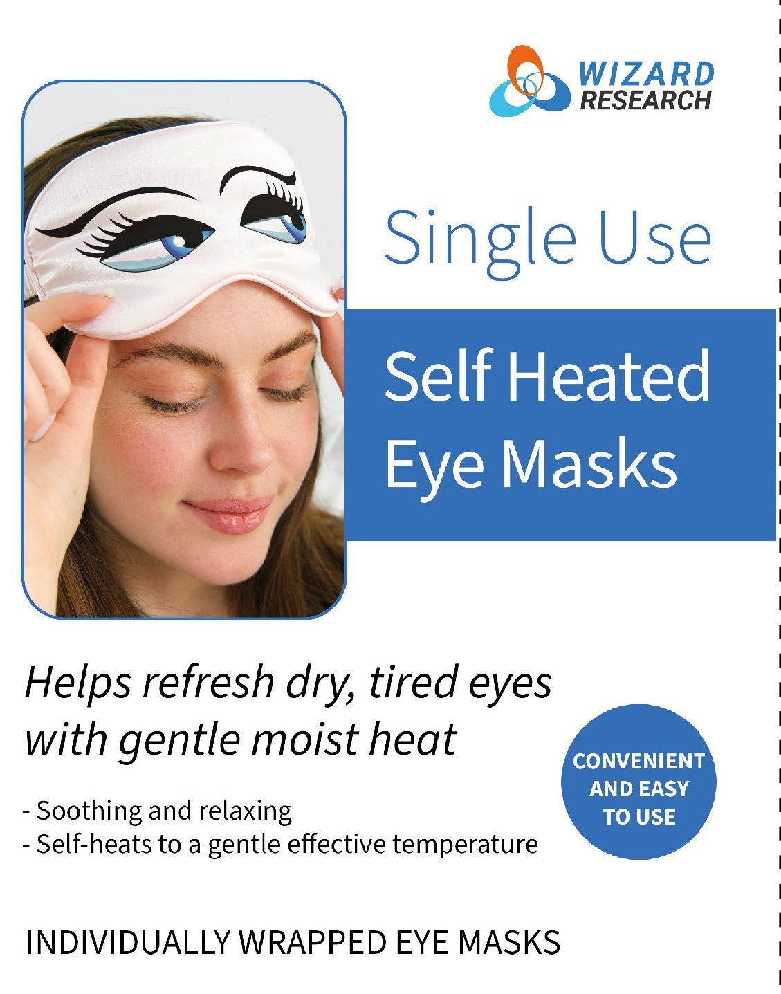 Woman wearing Wizard Research self-heated eye mask with product highlights