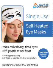 Woman wearing Wizard Research self-heated eye mask with product highlights