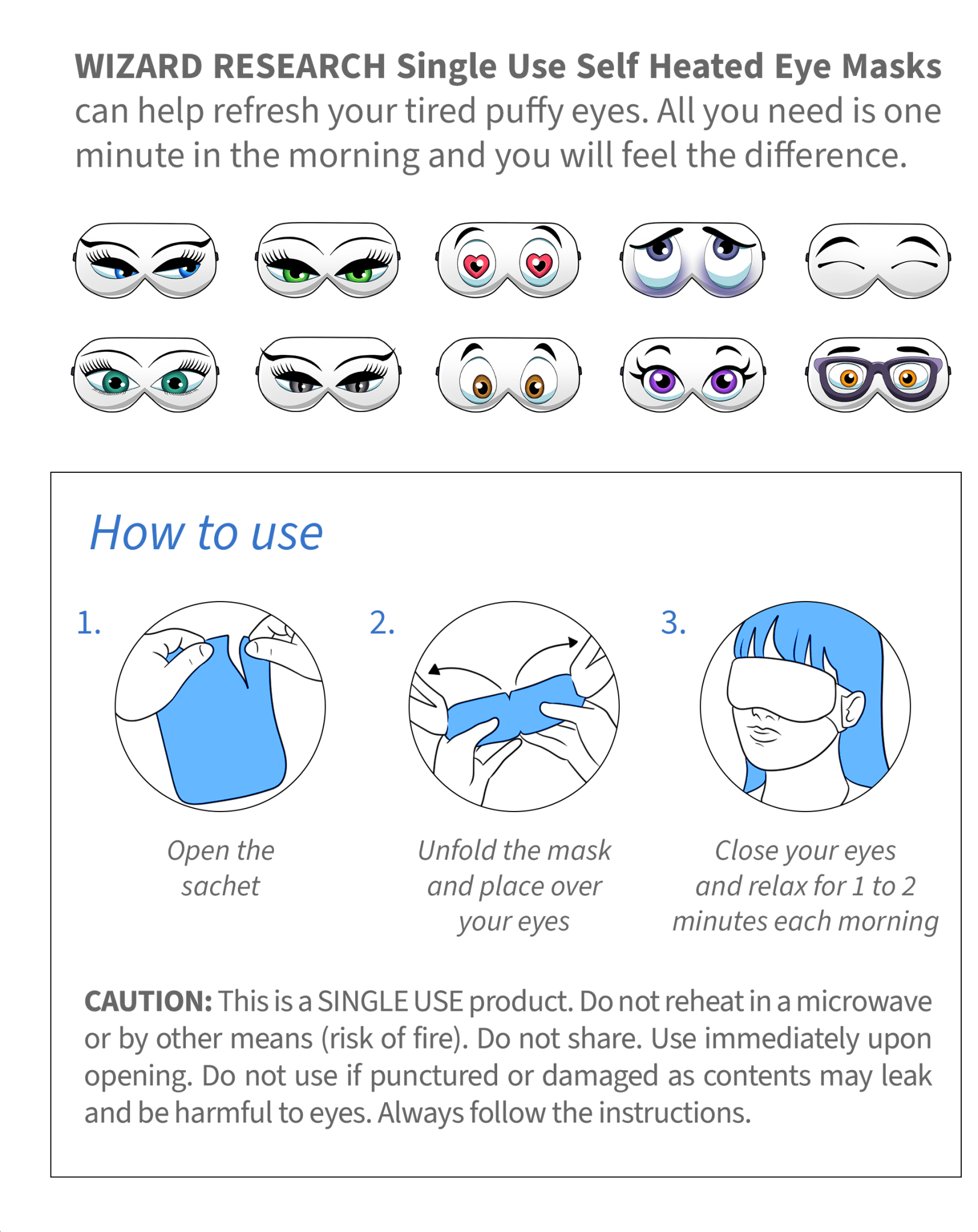 Wizard Research single-use heated eye masks instructions with different designs and how to use guide