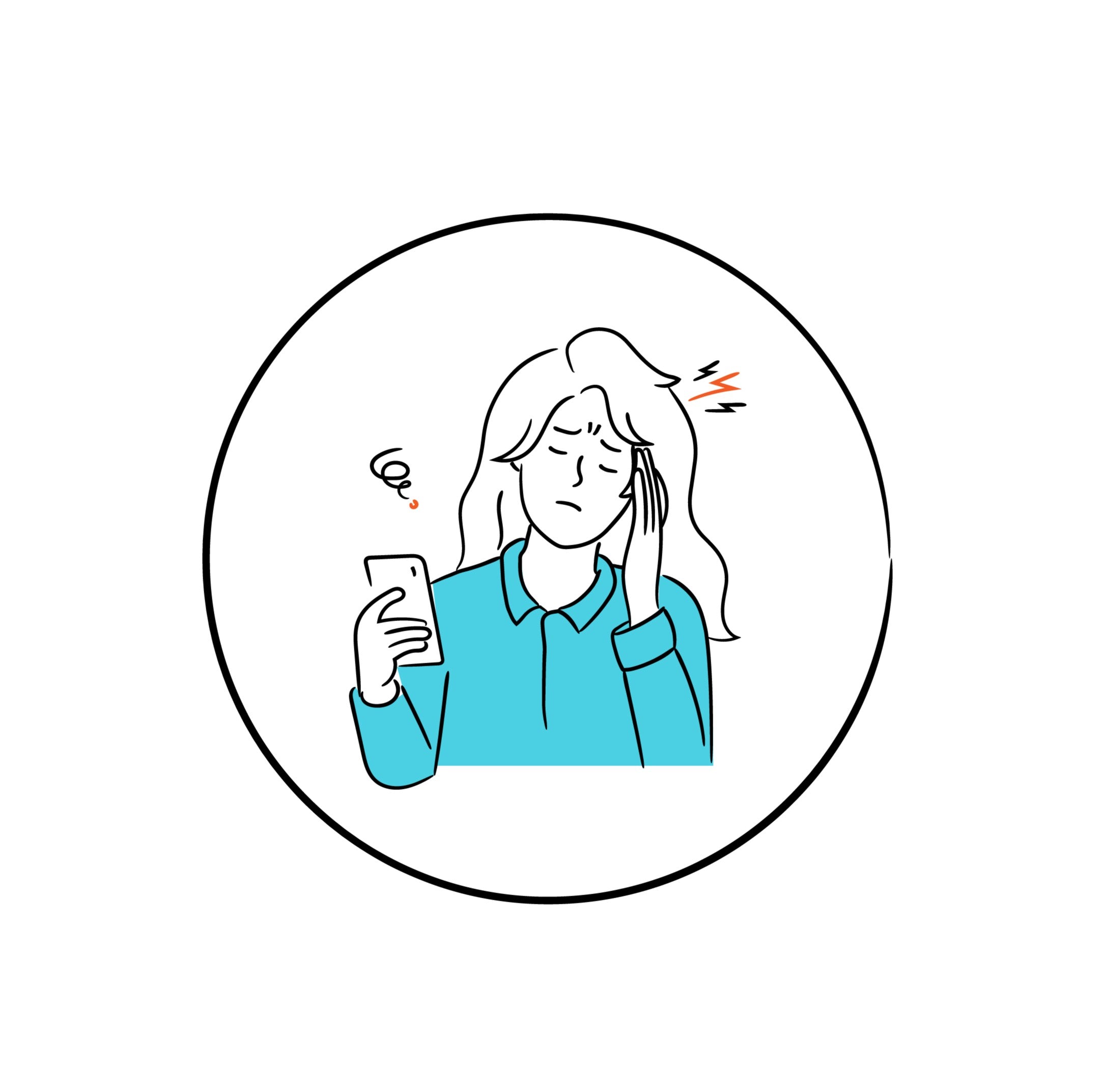 Illustration of woman with eye strain and headache caused by smartphone use