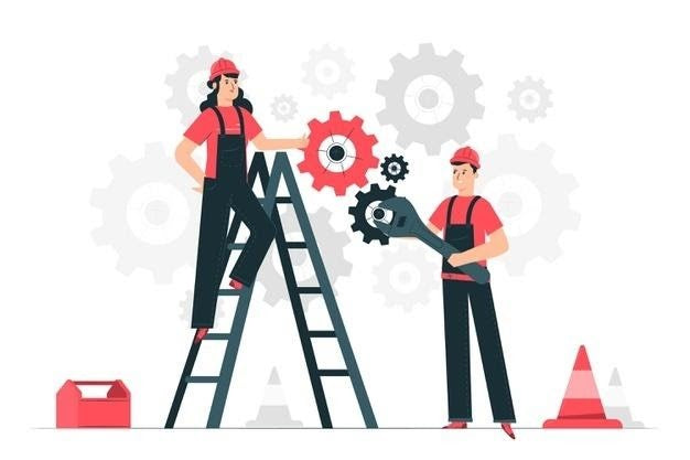 Two people standing on ladders adjusting oversized gears with tools, representing maintenance and care of portable devices