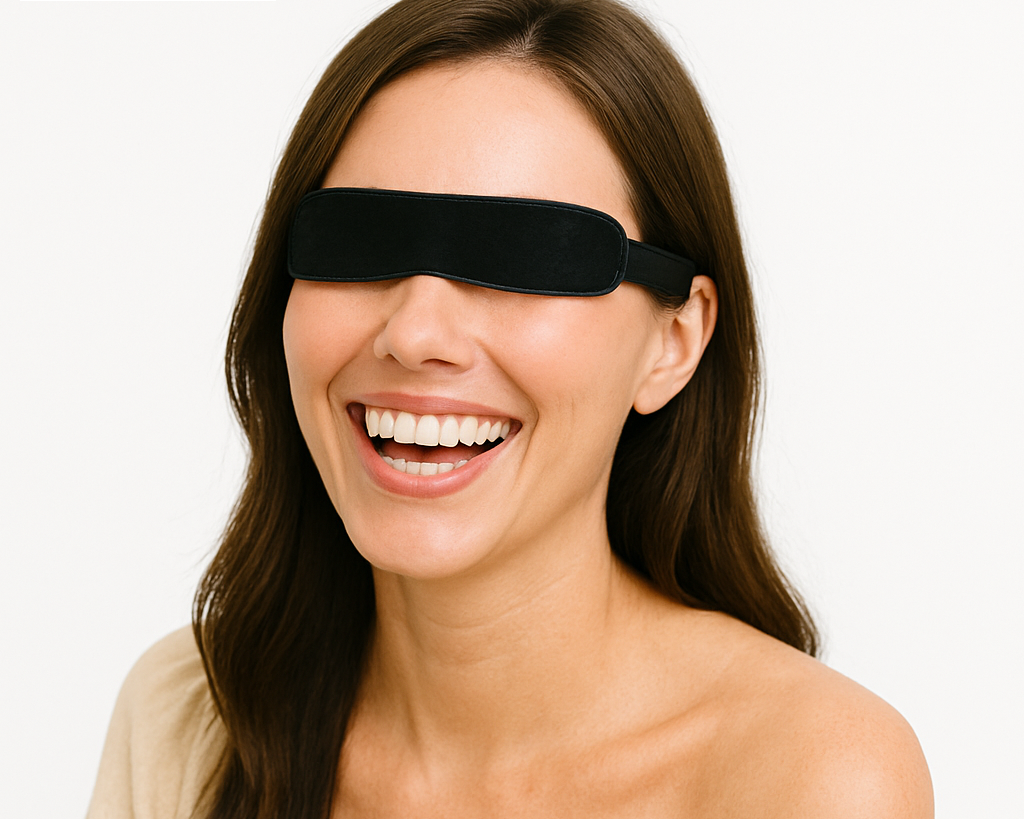 Smiling woman wearing the Wizard Research Heated Eye Mask for dry eye relief