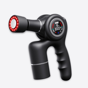 A black handheld premium body massager with a digital display and red circular attachments.