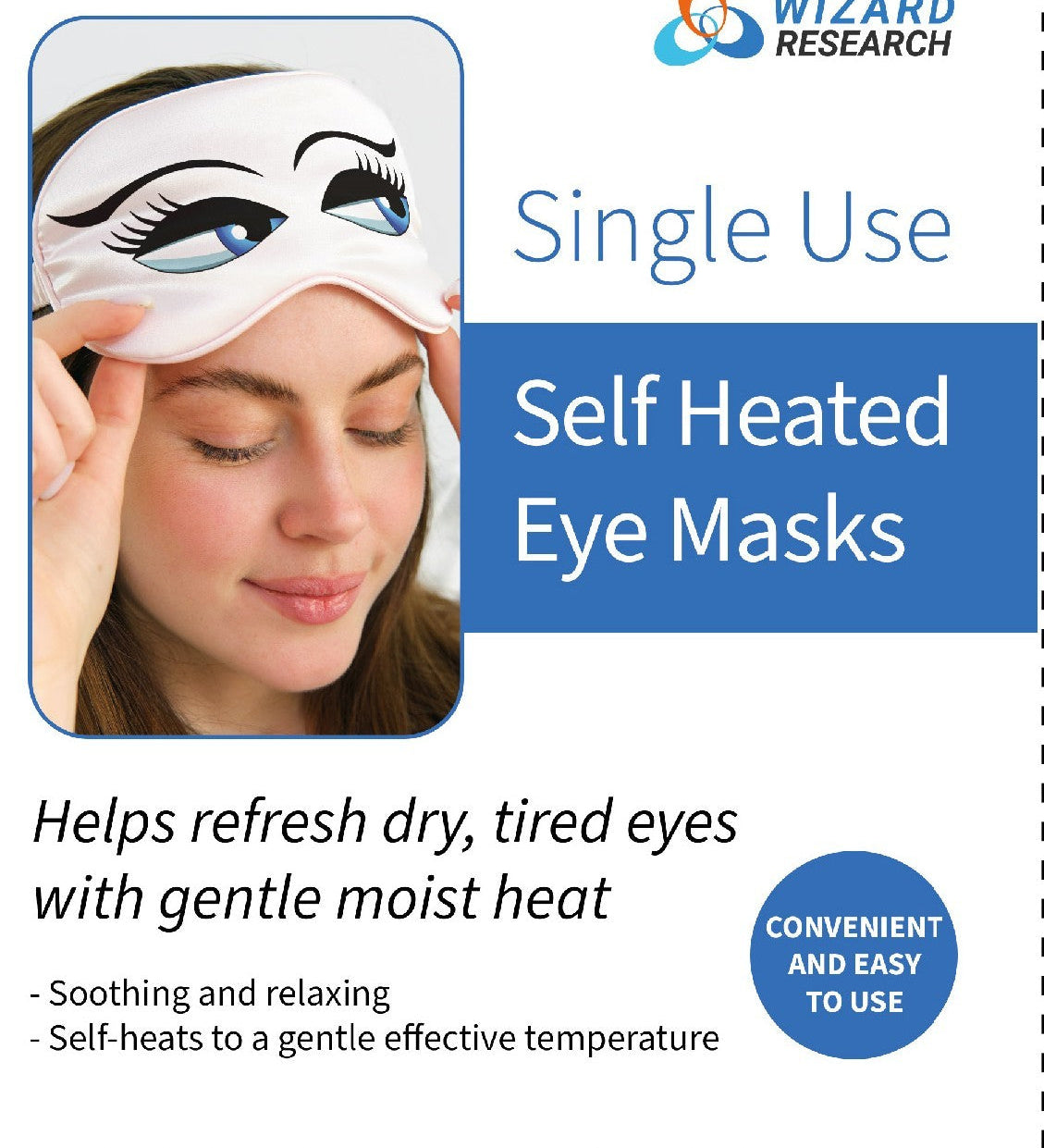 Woman wearing Wizard Research self-heated eye mask with product highlights