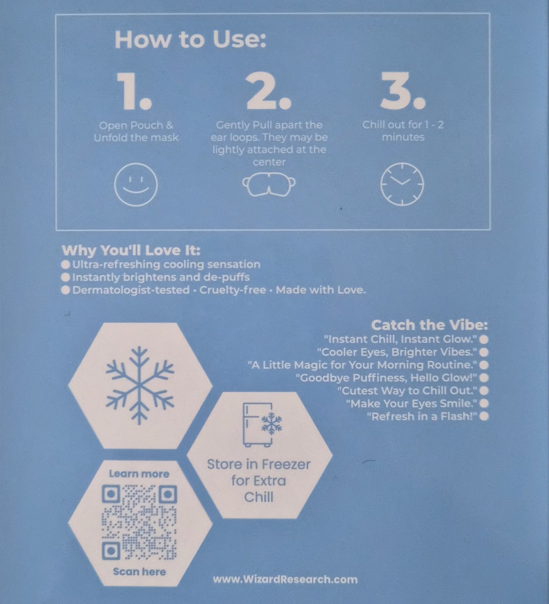 How to use single use cooling eye mask instructions on blue background with freezer storage tips
