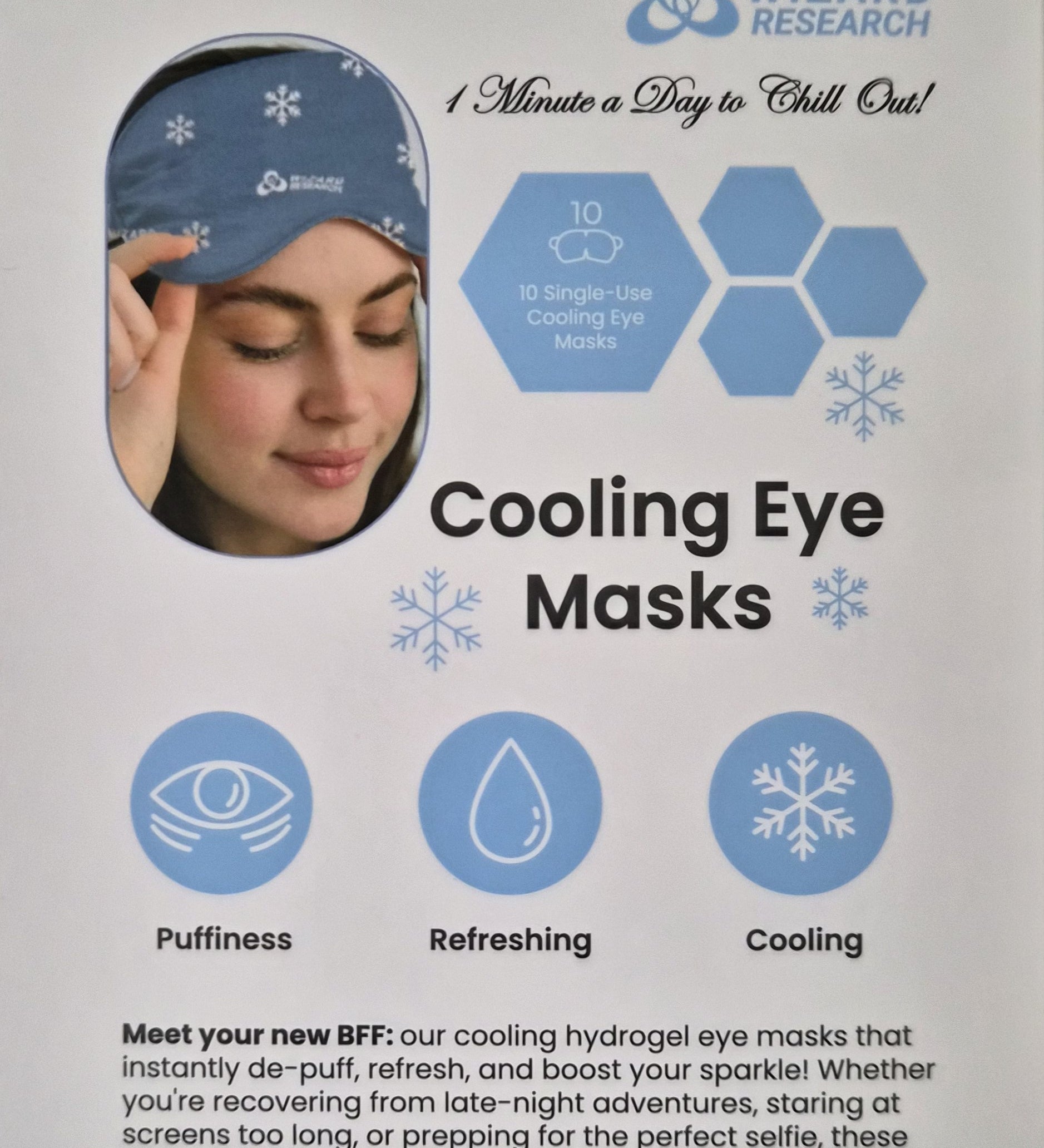 Wizard Research single use cooling eye masks with woman wearing mask
