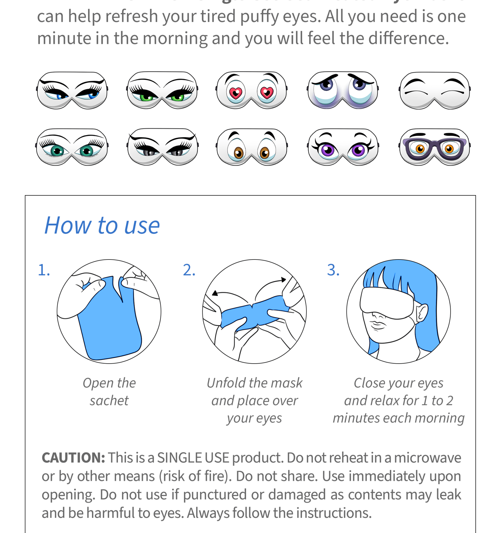 Wizard Research single-use heated eye masks instructions with different designs and how to use guide